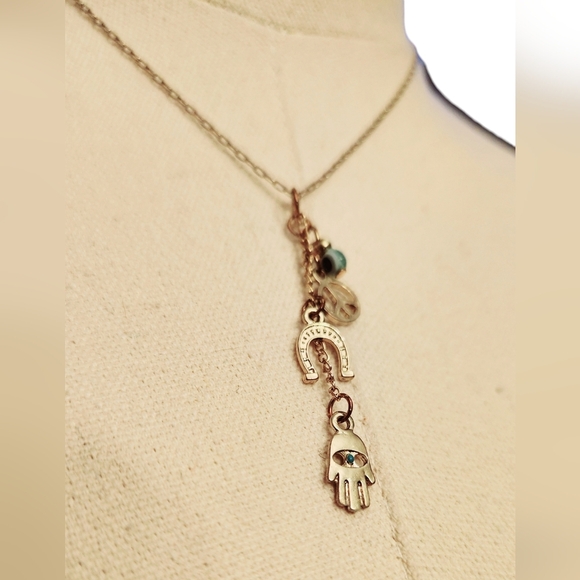 Hamsa Hand Evil Eye Horseshoe Peace Sign Necklace - Picture 13 of 14